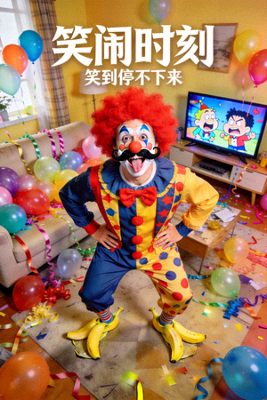 喜剧电影海报：滑稽人物在搞笑场景中